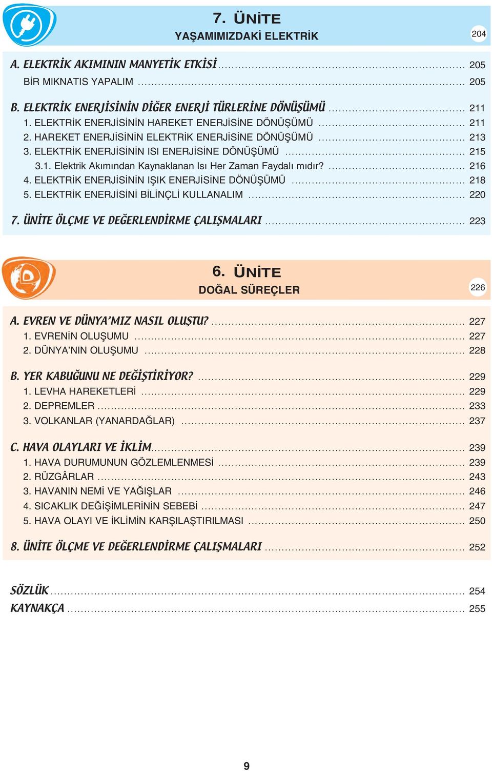 ... 216 4. ELEKTR K ENERJ S N N IfiIK ENERJ S NE DÖNÜfiÜMÜ... 218 5. ELEKTR K ENERJ S N B L NÇL KULLANALIM... 220 7. ÜNİTE ÖLÇME VE DEĞERLENDİRME ÇALIŞMALARI... 223 6. ÜN TE DO AL SÜREÇLER 226 A.