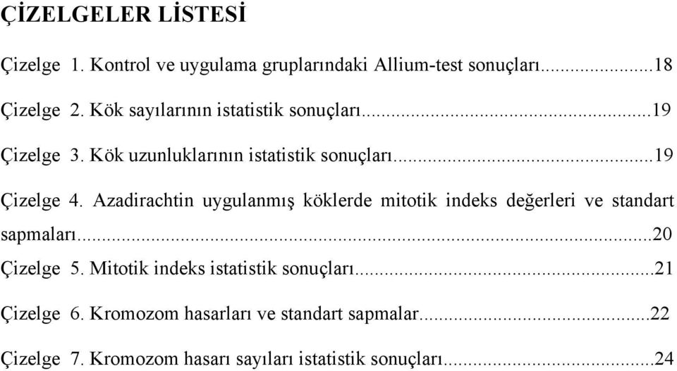 Azadirachtin uygulanmış köklerde mitotik indeks değerleri ve standart sapmaları...20 Çizelge 5.