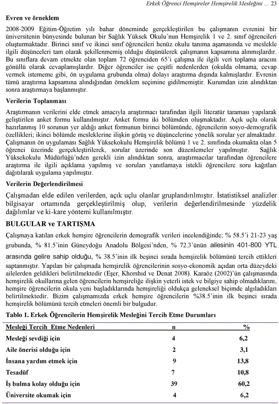 Birinci sınıf ve ikinci sınıf öğrencileri henüz okulu tanıma aşamasında ve meslekle ilgili düşünceleri tam olarak şekillenmemiş olduğu düşünülerek çalışmanın kapsamına alınmışlardır.