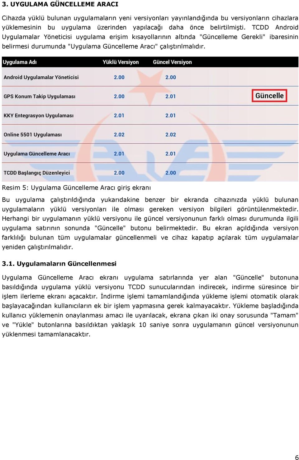 Resim 5: Uygulama Güncelleme Aracı giriş ekranı Bu uygulama çalıştırıldığında yukarıdakine benzer bir ekranda cihazınızda yüklü bulunan uygulamaların yüklü versiyonları ile olması gereken versiyon