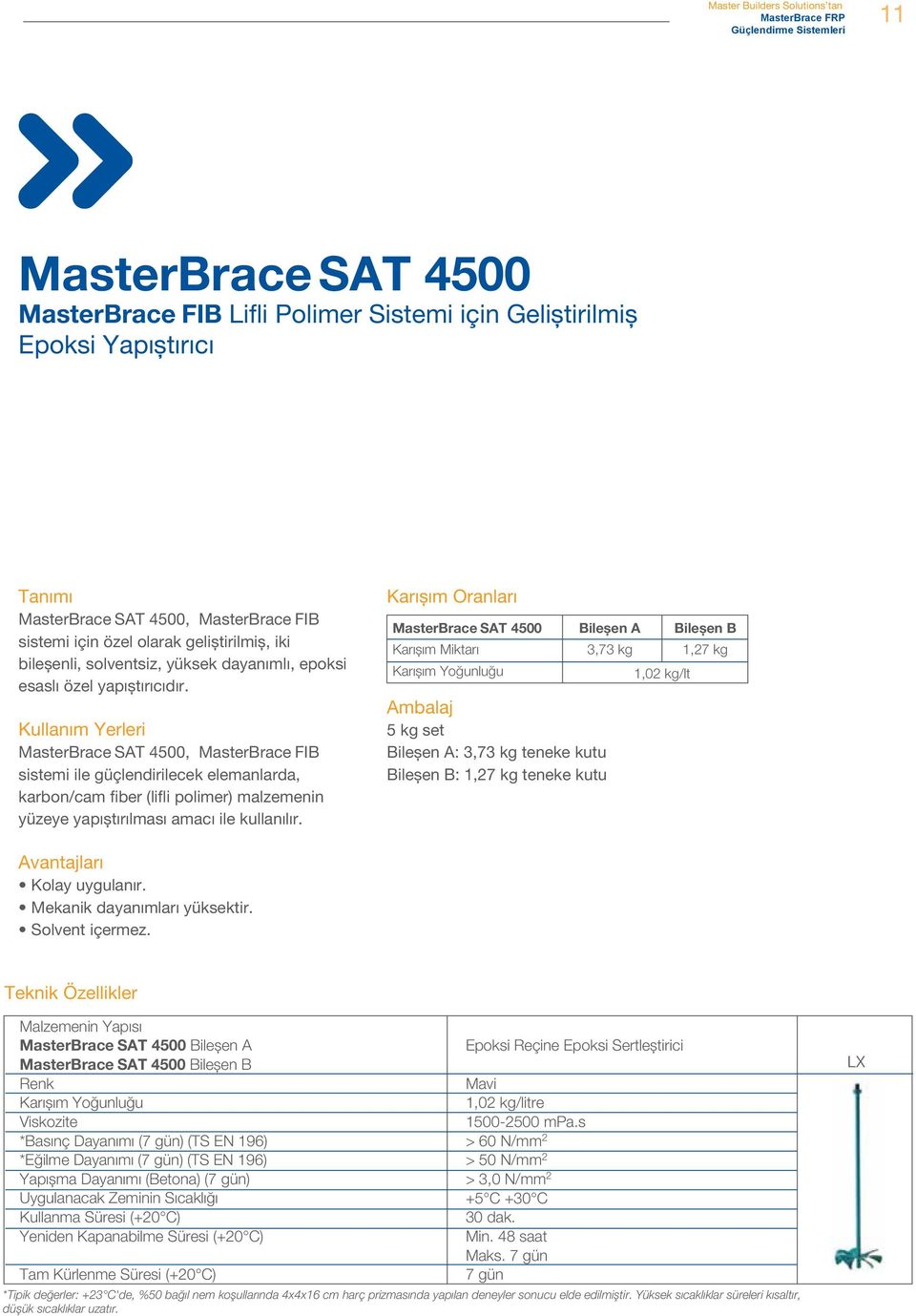 MasterBrace SAT 4500, MasterBrace FIB sistemi ile güçlendirilecek elemanlarda, karbon/cam fiber (lifli polimer) malzemenin yüzeye yapıștırılması amacı ile kullanılır.