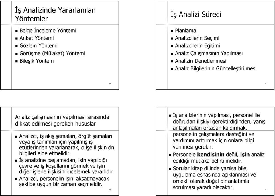 gereken hususlar Analizci, işi akış şemaları, örgüt şemaları veya işi tanımlar mları için in yapılm lmış iş etütlerinden tlerinden yararlanarak, o işe i e ilişkin ön bilgileri elde etmelidir.