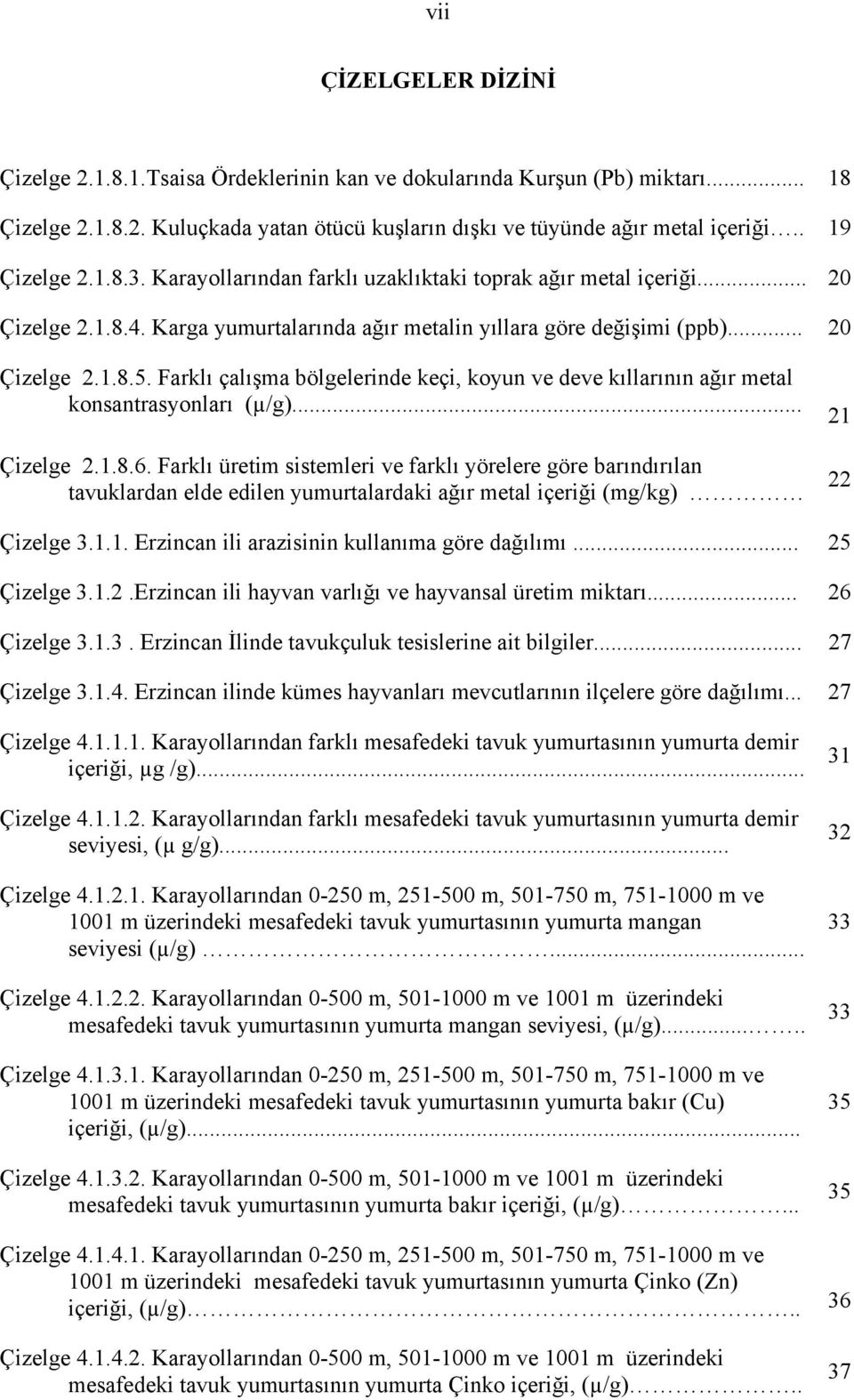 Farklı çalışma bölgelerinde keçi, koyun ve deve kıllarının ağır metal konsantrasyonları (µ/g)... Çizelge 2.1.8.6.