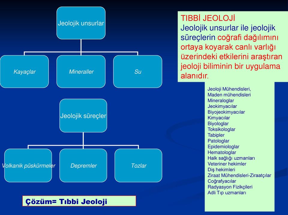 Jeoloji Mühendisleri, Maden mühendisleri Mineraloglar Jeokimyacılar Biyojeokimyacılar Kimyacılar Biyologlar Toksikologlar Tabipler Patologlar