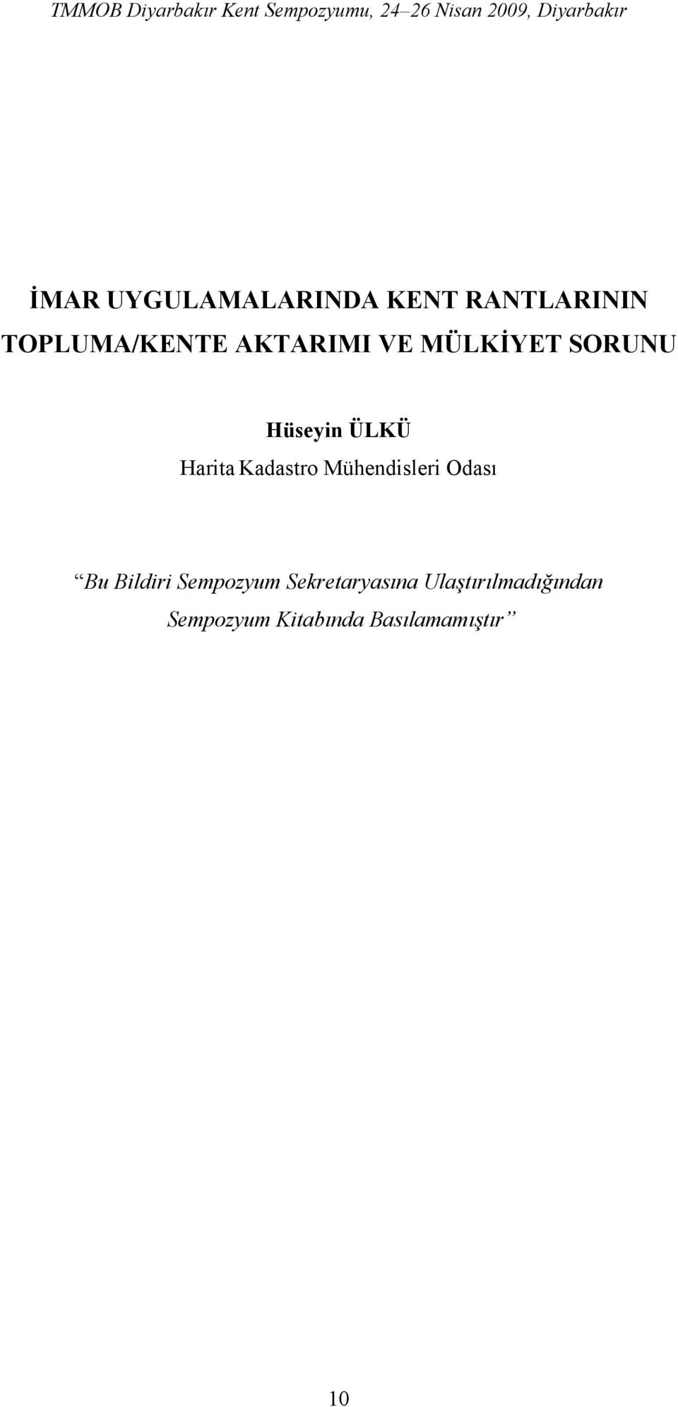 Kadastro Mühendisleri Odası Bu Bildiri Sempozyum