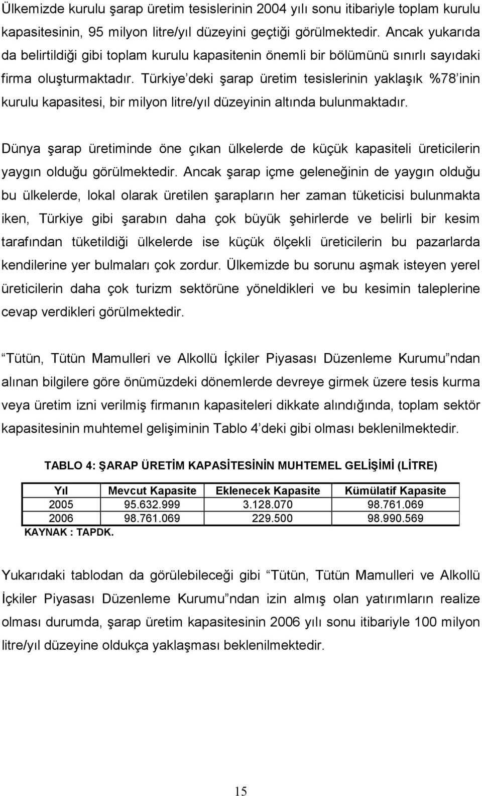 Türkiye deki şarap üretim tesislerinin yaklaşık %78 inin kurulu kapasitesi, bir milyon litre/yıl düzeyinin altında bulunmaktadır.