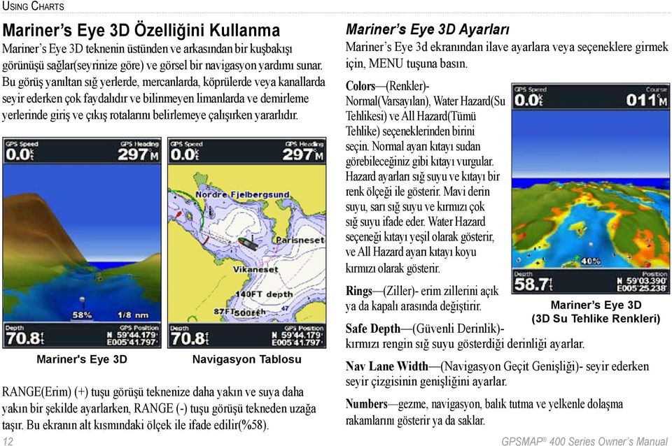 yararlıdır. Mariner s Eye 3D Ayarları Mariner s Eye 3d ekranından ilave ayarlara veya seçeneklere girmek için, MENU tuşuna basın.