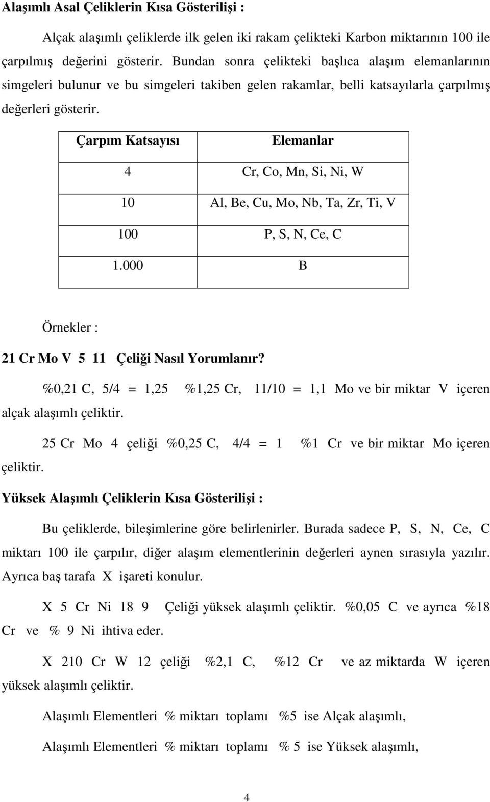 Çarpım Katsayısı Elemanlar 4 Cr, Co, Mn, Si, Ni, W 10 Al, Be, Cu, Mo, Nb, Ta, Zr, Ti, V 100 P, S, N, Ce, C 1.000 B Örnekler : 21 Cr Mo V 5 11 Çeliği Nasıl Yorumlanır?