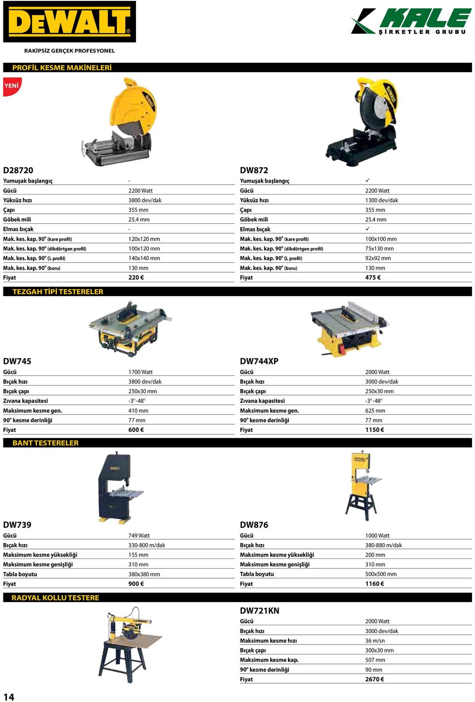 4 mm Elmas bıçak Mak. kes. kap. 90 o (kare profil) 100x100 mm Mak. kes. kap. 90 o (dikdörtgen profil) 75x130 mm Mak. kes. kap. 90 o (L profil) 92x92 mm Mak. kes. kap. 90 o (boru) 130 mm Fiyat 475 TEZGAH TİPİ TESTERELER DW745 Gc 1700 Watt Bıçak hızı 3800 dev/dak Bıçak çapı 250x30 mm Zıvana kapasitesi -3 o -48 o Maksimum kesme gen.