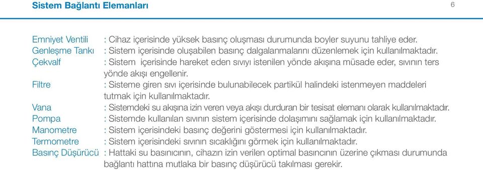 Çekvalf : Sistem içerisinde hareket eden sıvıyı istenilen yönde akışına müsade eder, sıvının ters yönde akışı engellenir.