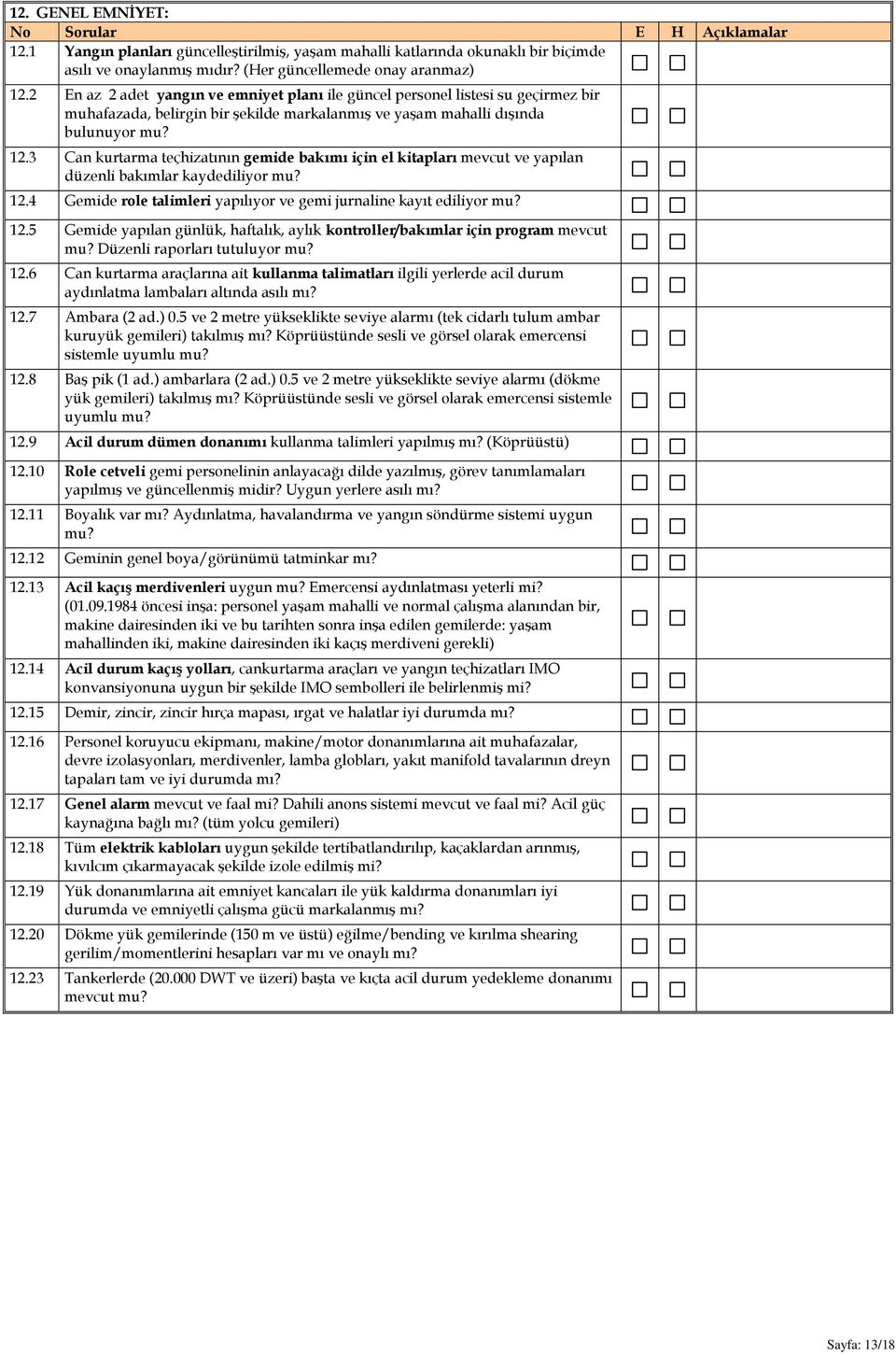 3 Can kurtarma teçhizatının gemide bakımı için el kitapları mevcut ve yapılan düzenli bakımlar kaydediliyor mu? 12.4 Gemide role talimleri yapılıyor ve gemi jurnaline kayıt ediliyor mu? 12.5 Gemide yapılan günlük, haftalık, aylık kontroller/bakımlar için program mevcut mu?