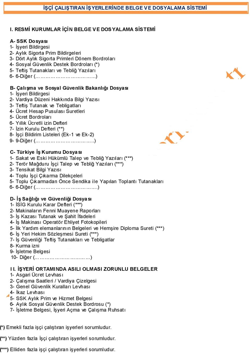 Bordroları (*) 5- Teftiş Tutanakları ve Tebliğ Yazıları 6-6-Diğer (.