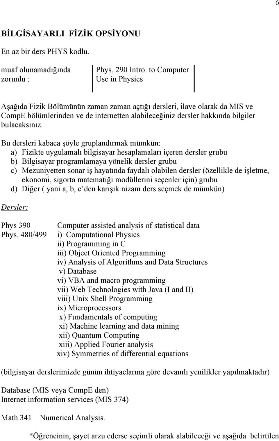 Bu dersleri kabaca şöyle gruplandırmak mümkün: a) Fizikte uygulamalı bilgisayar hesaplamaları içeren dersler grubu b) Bilgisayar programlamaya yönelik dersler grubu c) Mezuniyetten sonar iş hayatında