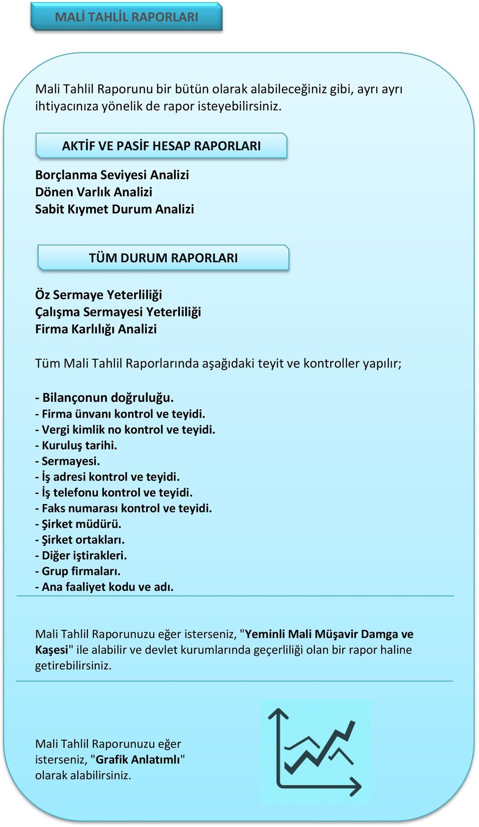 Analizi Tüm Mali Tahlil Raporlarında aşağıdaki teyit ve kontroller yapılır; - Bilançonun doğruluğu. - Firma ünvanı kontrol ve teyidi. - Vergi kimlik no kontrol ve teyidi. - Kuruluş tarihi.