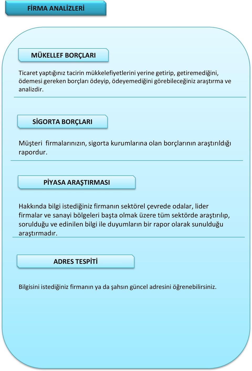 PİYASA ARAŞTIRMASI Hakkında bilgi istediğiniz firmanın sektörel çevrede odalar, lider firmalar ve sanayi bölgeleri başta olmak üzere tüm sektörde araştırılıp,