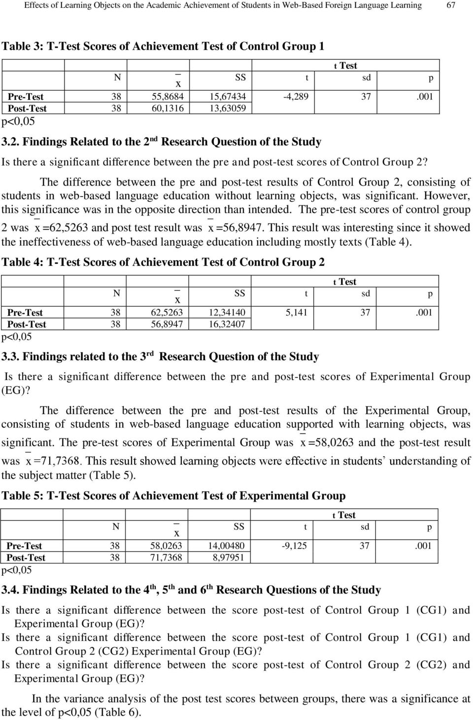 The difference between the pre and post-test results of Control Group 2, consisting of students in web-based language education without learning objects, was significant.