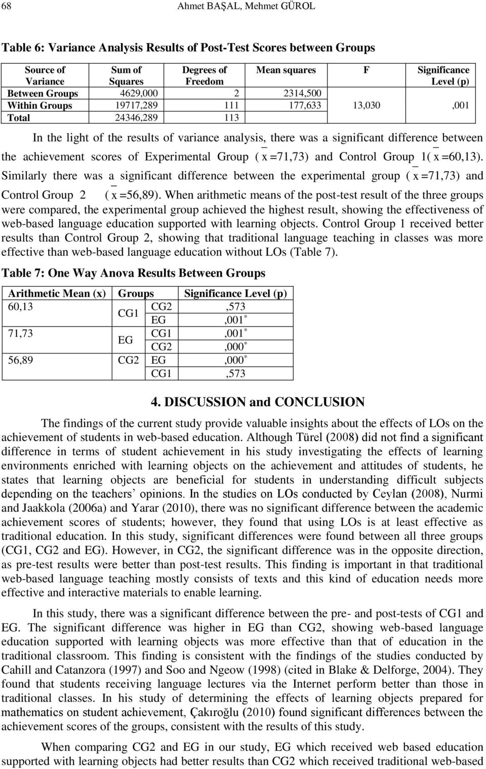 achievement scores of Experimental Group ( x =71,73) and Control Group 1( x =60,13).