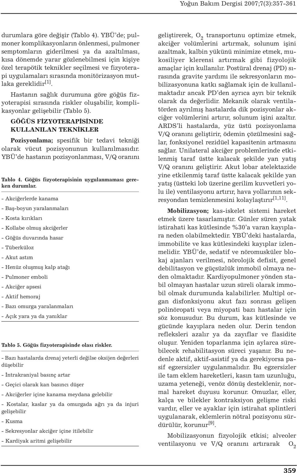 uygulamaları sırasında monitörizasyon mutlaka gereklidir [1]. Hastanın sağlık durumuna göre göğüs fizyoterapisi sırasında riskler oluşabilir, komplikasyonlar gelişebilir (Tablo 5).