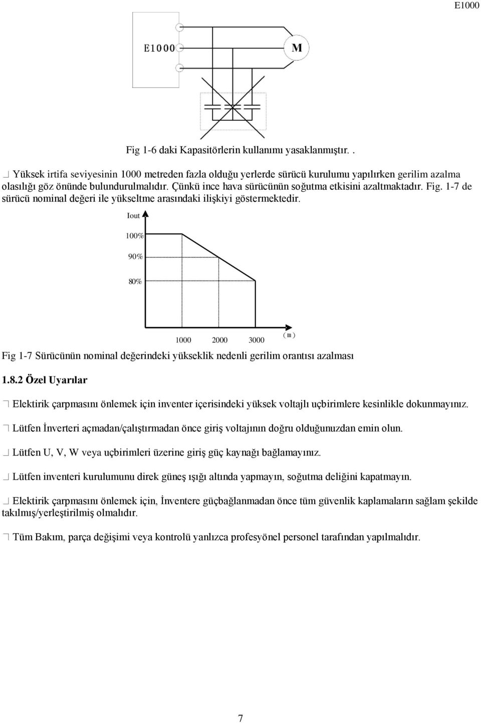 Iout 100% 90% 80% Fig 1-7 Sürücünün nominal değerindeki Fig 1-7 Derating yükseklik Drive s nedenli output current gerilim with orantısı altitude azalması 1.8.2 Özel Uyarılar 1000 2000 3000 Elektirik çarpmasını önlemek için inventer içerisindeki yüksek voltajlı uçbirimlere kesinlikle dokunmayınız.