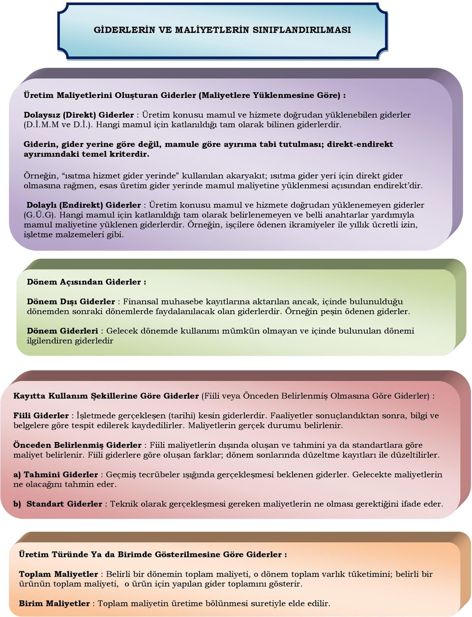 Giderin, gider yerine göre değil, mamule göre ayırıma tabi tutulması; direkt-endirekt ayırımındaki temel kriterdir.