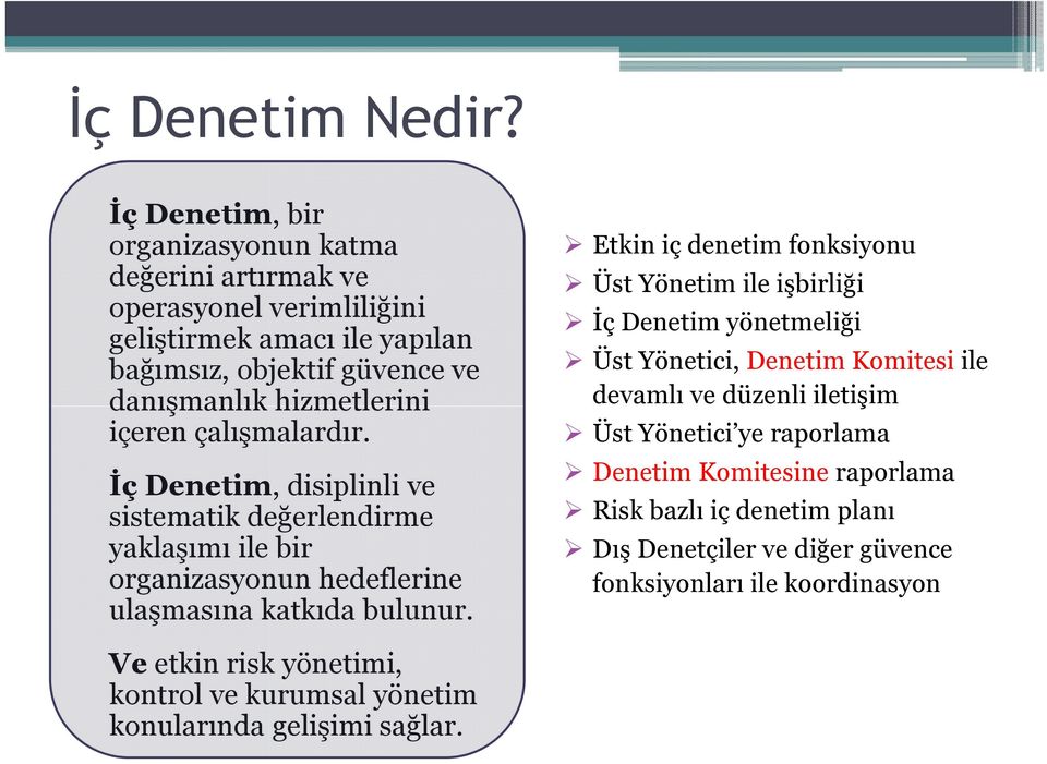 içeren çalışmalardır. İç Denetim, disiplinli ve sistematik değerlendirme yaklaşımı ile bir organizasyonun hedeflerine ulaşmasına katkıda bulunur.