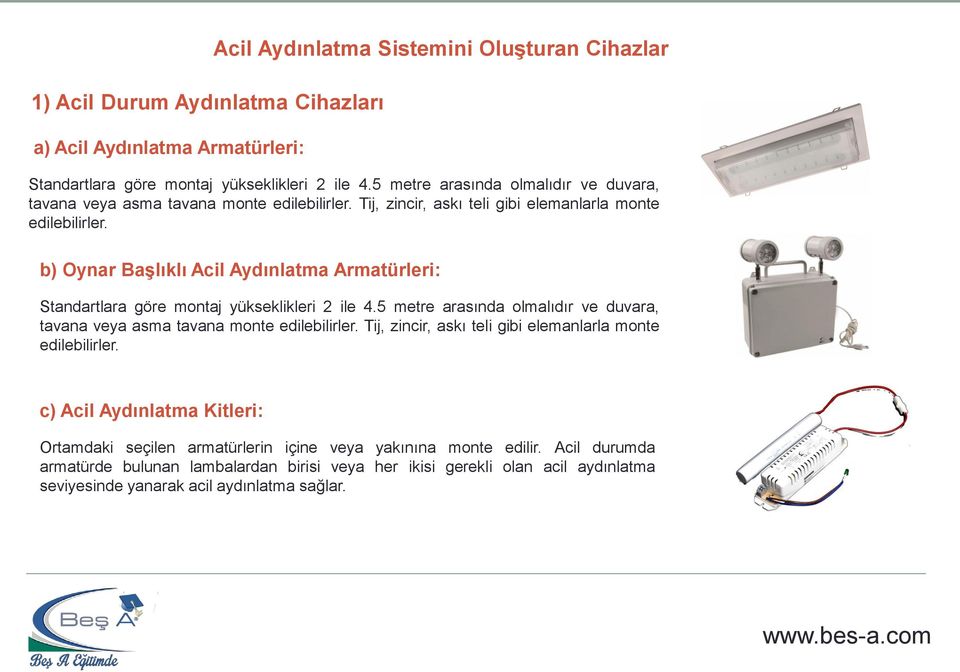 b) Oynar Başlıklı Acil Aydınlatma Armatürleri: Standartlara göre montaj yükseklikleri 2 ile 4. c) Acil Aydınlatma Kitleri: Ortamdaki seçilen armatürlerin içine veya yakınına monte edilir.