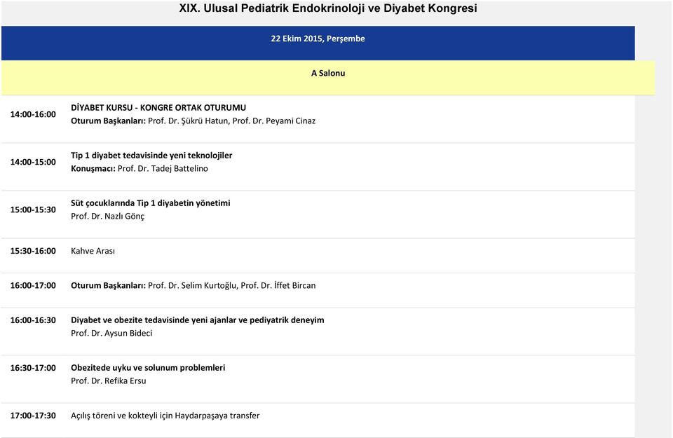 Dr. Nazlı Gönç 15:30-16:00 Kahve Arası 16:00-17:00 Oturum Başkanları: Prof. Dr. Selim Kurtoğlu, Prof. Dr. İffet Bircan 16:00-16:30 Diyabet ve obezite tedavisinde yeni ajanlar ve pediyatrik deneyim Prof.