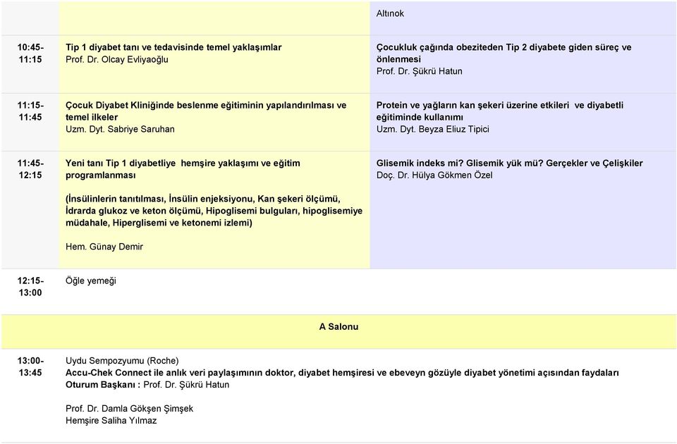 Beyza Eliuz Tipici 11:45-12:15 Yeni tanı Tip 1 diyabetliye hemşire yaklaşımı ve eğitim programlanması (İnsülinlerin tanıtılması, İnsülin enjeksiyonu, Kan şekeri ölçümü, İdrarda glukoz ve keton