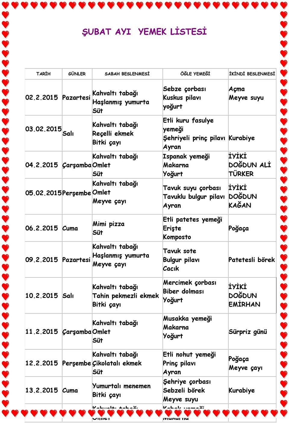 2015 Salı Reçelli ekmek Bitki çayı 04.2.2015 ÇarĢamba Omlet 05.02.