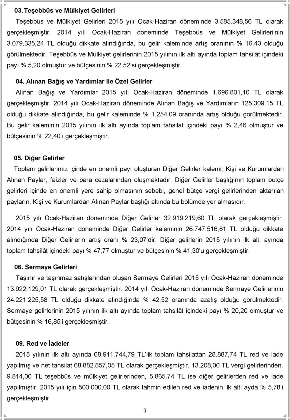 Teşebbüs ve Mülkiyet gelirlerinin 2015 yılının ilk altı ayında toplam tahsilât içindeki payı % 5,20 olmuştur ve bütçesinin % 22,52 si gerçekleşmiştir. 04.