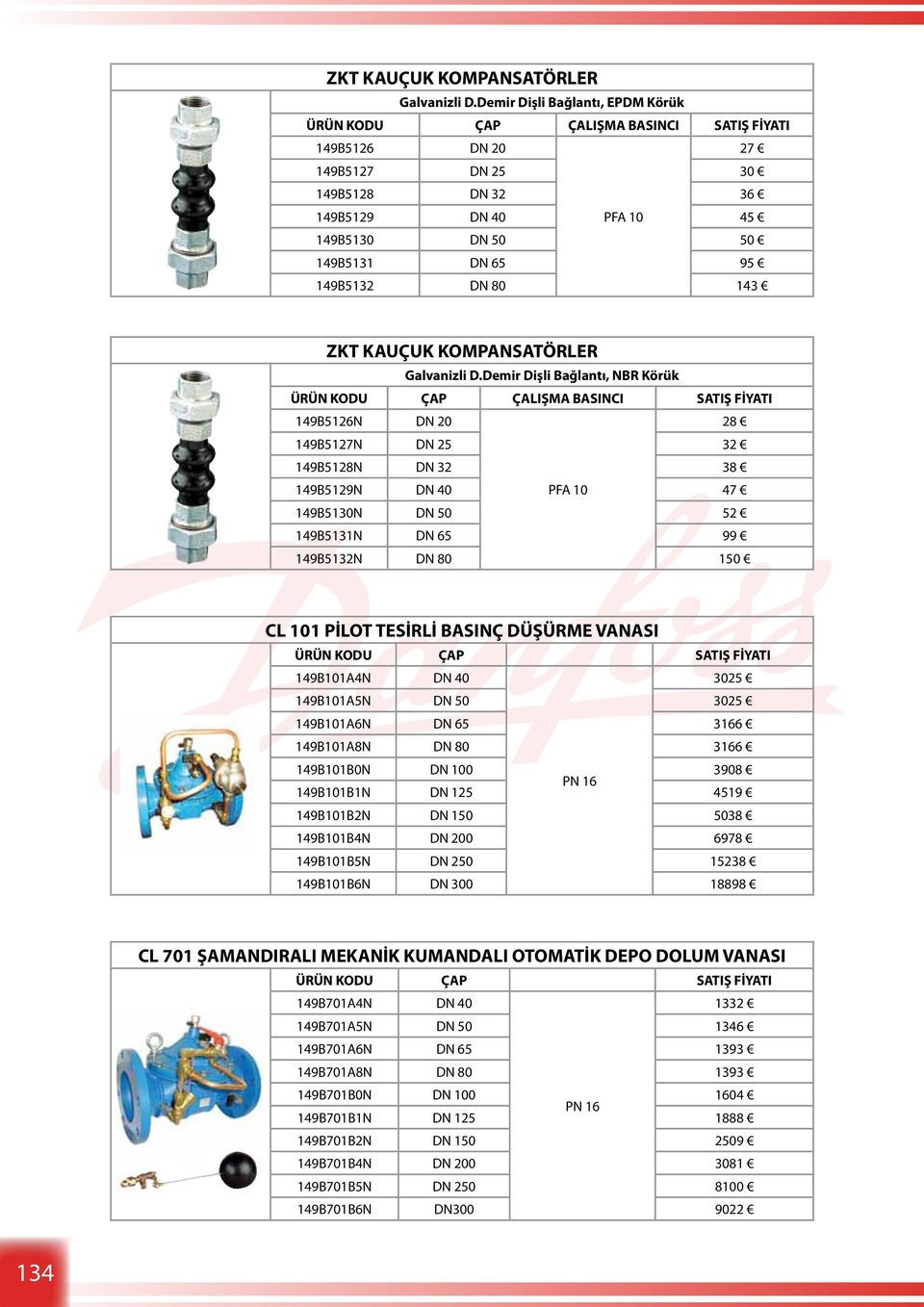 Demir Dişli Bağlantı, NBR Körük ÜRÜN KODU ÇAP ÇALIŞMA BASINCI 149B5126N DN 20 28 149B5127N DN 25 32 149B5128N DN 32 38 149B5129N DN 40 PFA 10 47 149B5130N DN 50 52 149B5131N DN 65 99 149B5132N DN 80