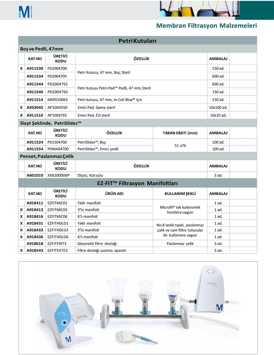 Slayt Şeklinde, PetriSlides ÖZELLİK TABAN EBATI A911524 PD15000 PetriSlides, Boş 51 x76 A911554 PDMA000 PetriSlides, Emici pedli Penset, Paslanmaz Çelik ÖZELLİK A601010 XX6200006P Dişsiz, Küt uçlu 3