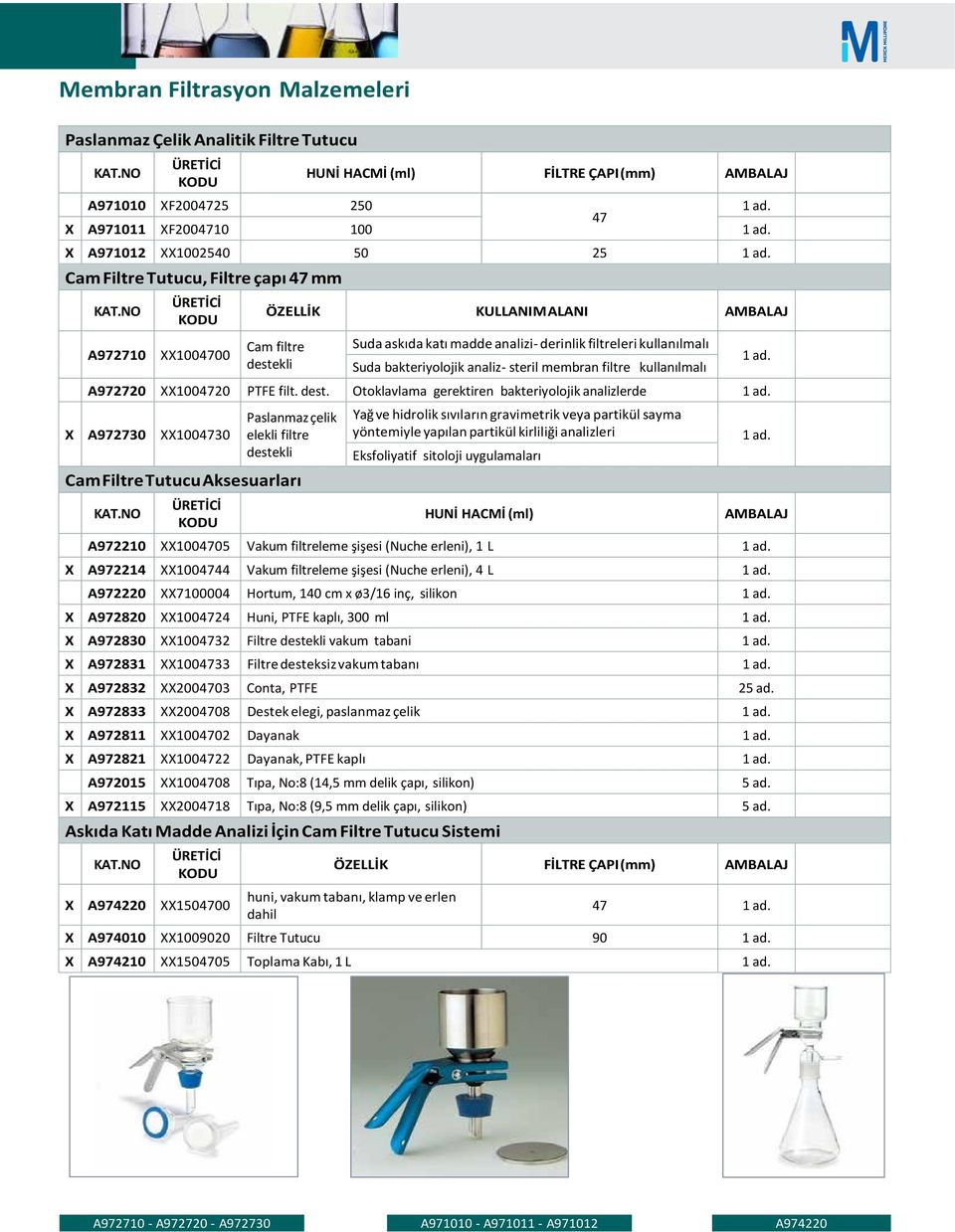 membran filtre kullanılmalı A972720 XX10020 PTFE filt. dest. Otoklavlama gerektiren bakteriyolojik analizlerde 1 ad.