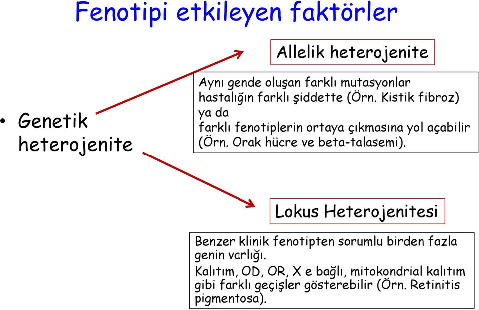 Orak hücre ve beta-talasemi). Lokus Heterojenitesi Benzer klinik fenotipten sorumlu birden fazla genin varlığı.