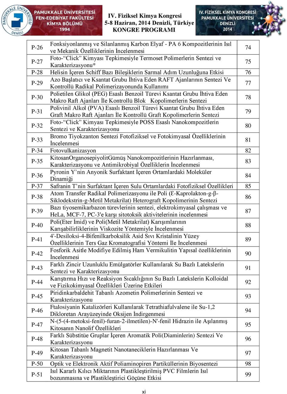 Foto- Click Kimyası Tepkimesiyle Termoset Polimerlerin Sentezi ve Karakterizasyonu* 75 P-28 Helisin İçeren Schiff Bazı Bileşiklerin Sarmal Adım Uzunluğuna Etkisi 76 P-29 Azo Başlatıcı ve Ksantat