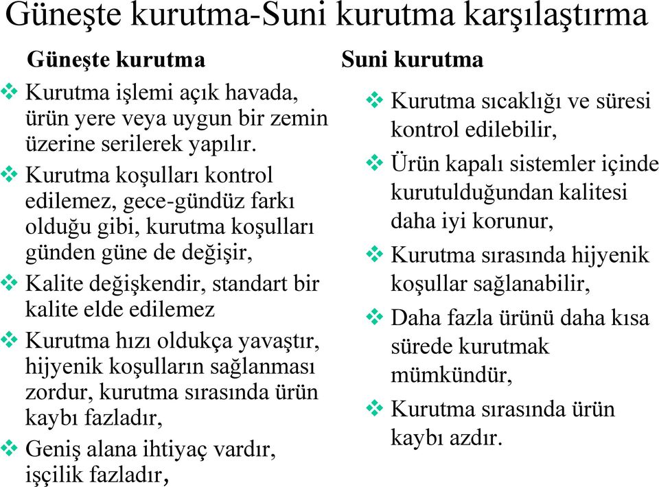 yavaştır, hijyenik koşulların sağlanması zordur, kurutma sırasında ürün kaybı fazladır, Geniş alana ihtiyaç vardır, işçilik fazladır, Suni kurutma Kurutma sıcaklığı ve süresi kontrol