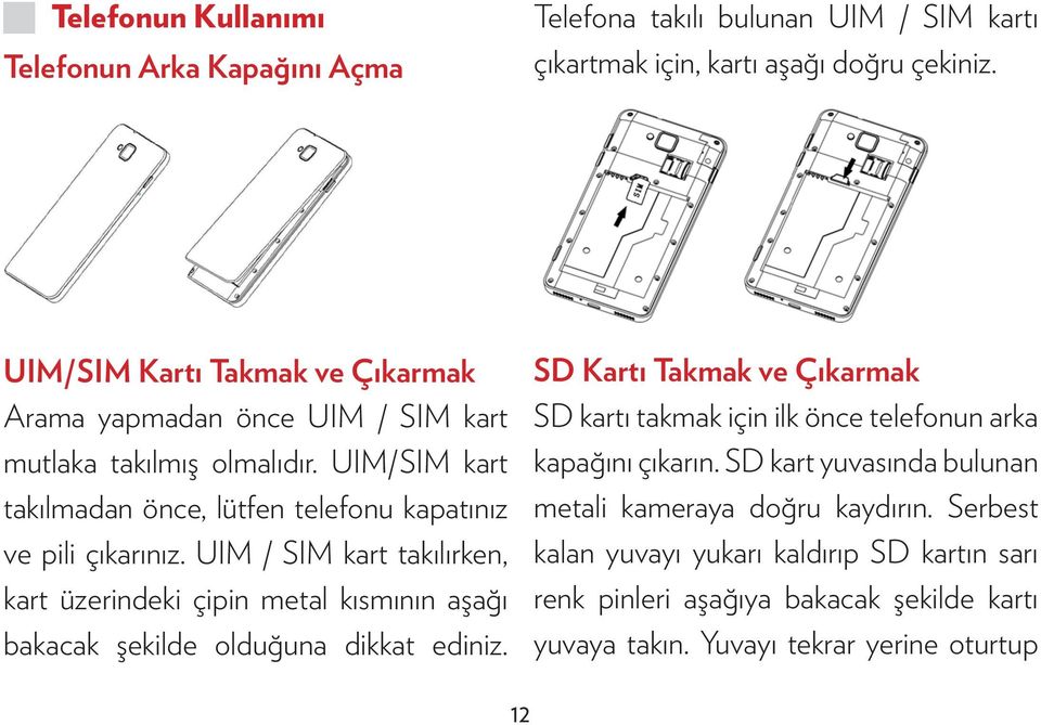 UIM / SIM kart takılırken, kart üzerindeki çipin metal kısmının aşağı bakacak şekilde olduğuna dikkat ediniz.