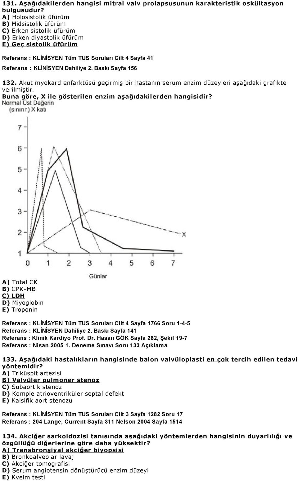 Dahiliye 2. Baskı Sayfa 156 132. Akut myokard enfarktüsü geçirmiş bir hastanın serum enzim düzeyleri aşağıdaki grafikte verilmiştir. Buna göre, X ile gösterilen enzim aşağıdakilerden hangisidir?