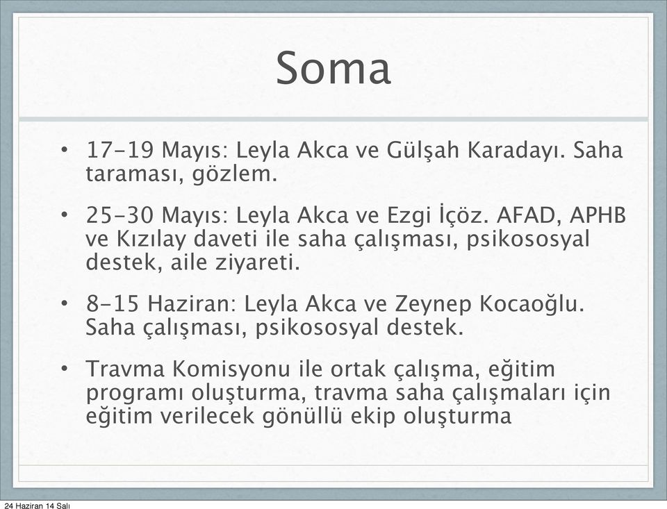 AFAD, APHB ve Kızılay daveti ile saha çalışması, psikososyal destek, aile ziyareti.