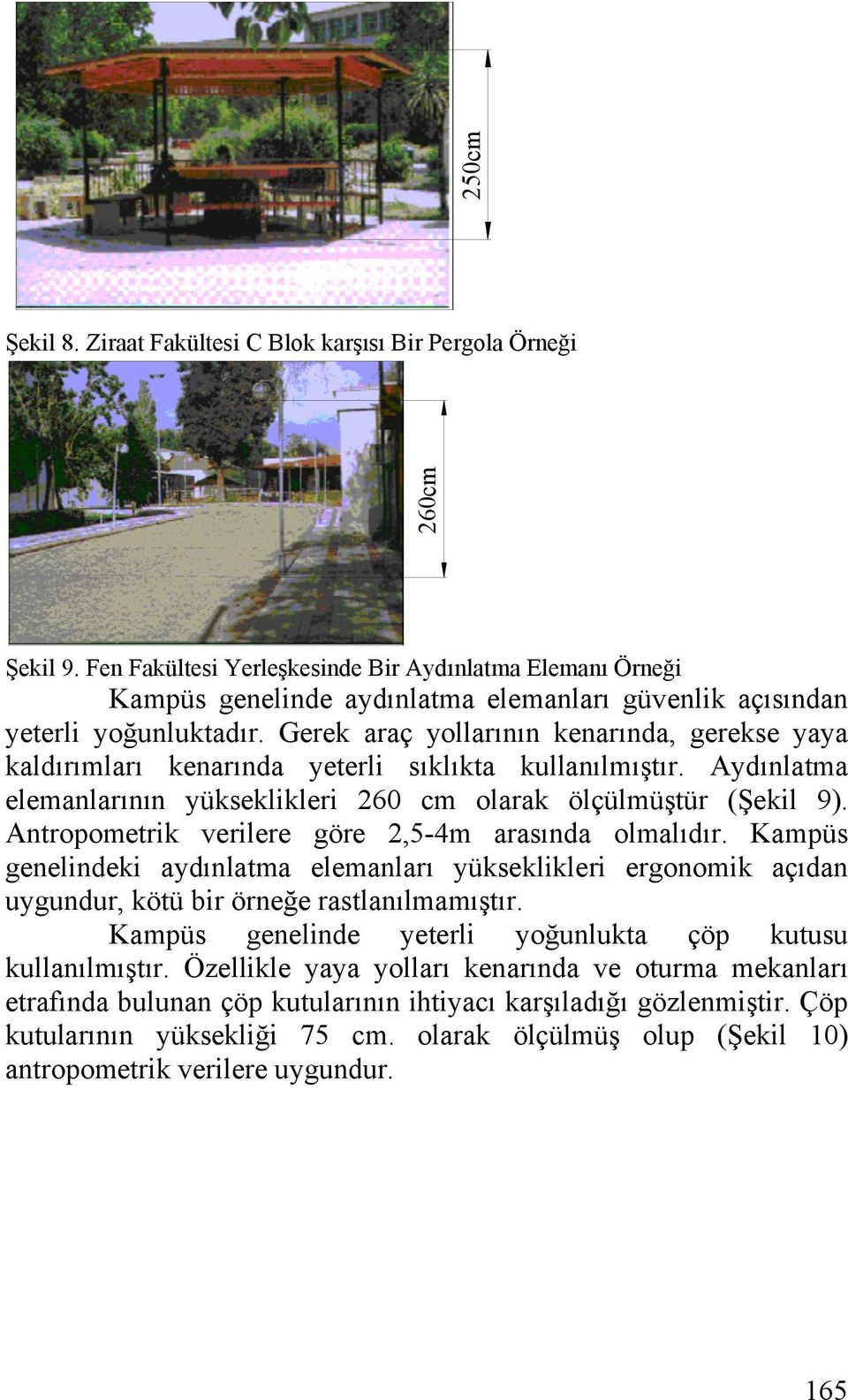 Gerek araç yollarının kenarında, gerekse yaya kaldırımları kenarında yeterli sıklıkta kullanılmıştır. Aydınlatma elemanlarının yükseklikleri 260 cm olarak ölçülmüştür (Şekil 9).