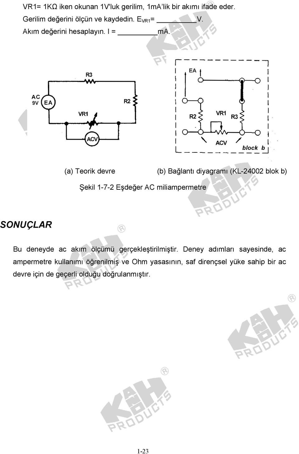 (a) Teorik devre (b) Bağlantı diyagramı (KL-24002 blok b) Şekil 1-7-2 Eşdeğer AC miliampermetre SONUÇLAR Bu deneyde