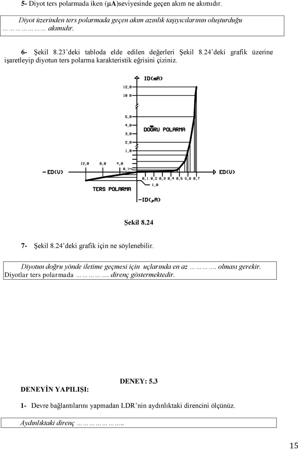 24 deki grafik üzerine işaretleyip diyotun ters polarma karakteristik eğrisini çiziniz. ġekil 8.24 7- Şekil 8.24 deki grafik için ne söylenebilir.