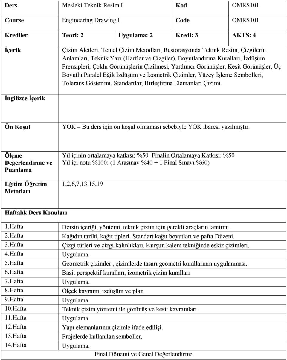 Eğik İzdüşüm ve İzometrik Çizimler, Yüzey İşleme Sembolleri, Tolerans Gösterimi, Standartlar, Birleştirme Elemanları Çizimi.