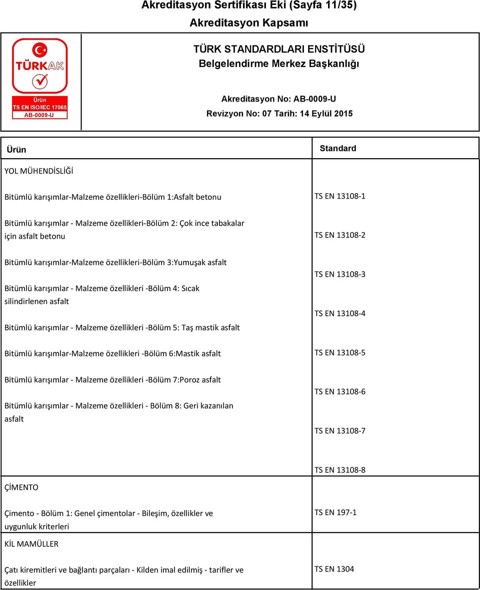 karışımlar - Malzeme özellikleri -Bölüm 5: Taş mastik asfalt TS EN 13108-3 TS EN 13108-4 Bitümlü karışımlar-malzeme özellikleri -Bölüm 6:Mastik asfalt TS EN 13108-5 Bitümlü karışımlar - Malzeme