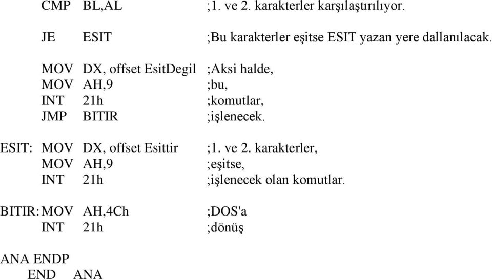 MOV DX, offset EsitDegil ;Aksi halde, MOV AH,9 ;bu, INT 21h ;komutlar, JMP BITIR ;işlenecek.