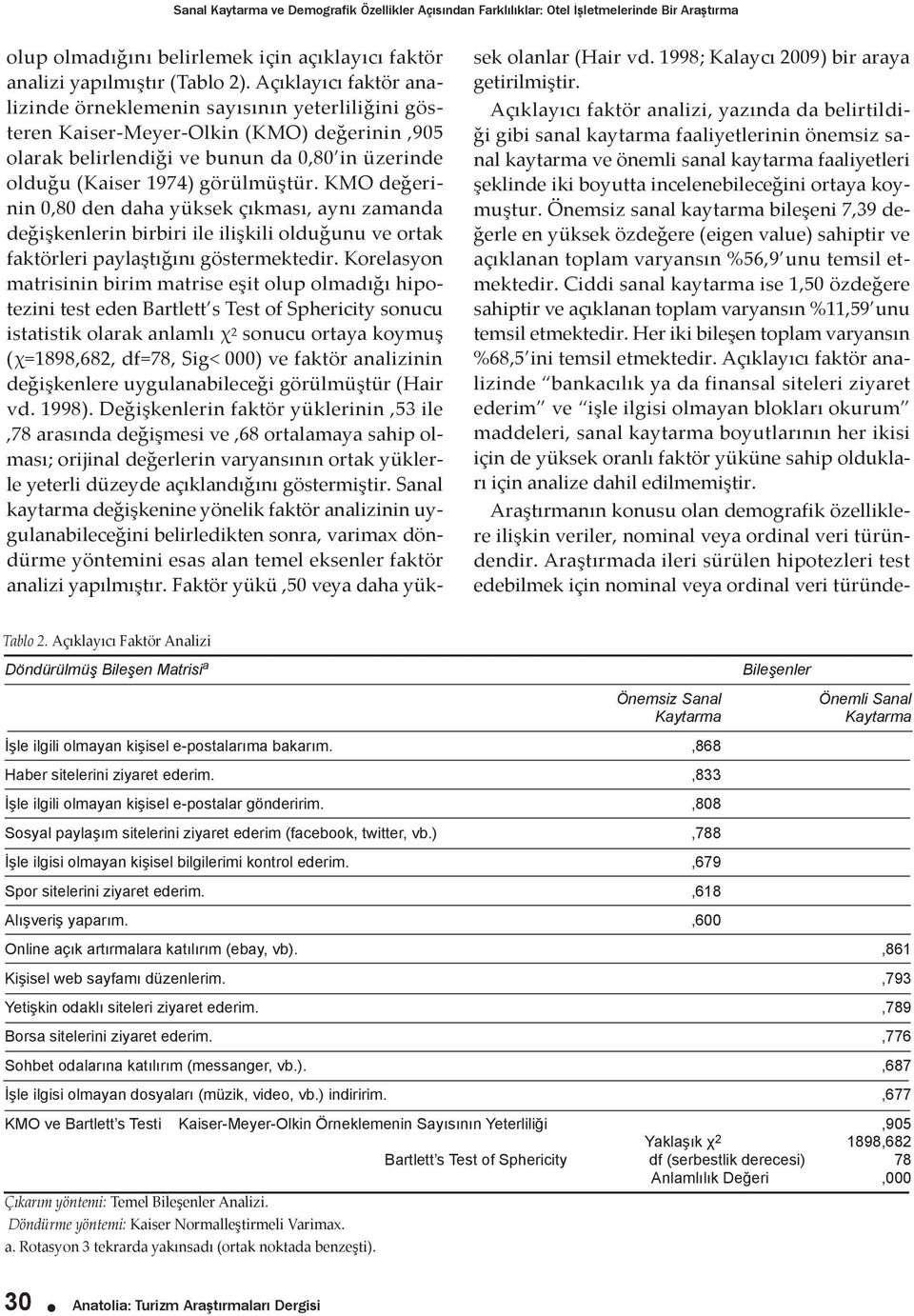 KMO değerinin 0,80 den daha yüksek çıkması, aynı zamanda değişkenlerin birbiri ile ilişkili olduğunu ve ortak faktörleri paylaştığını göstermektedir.