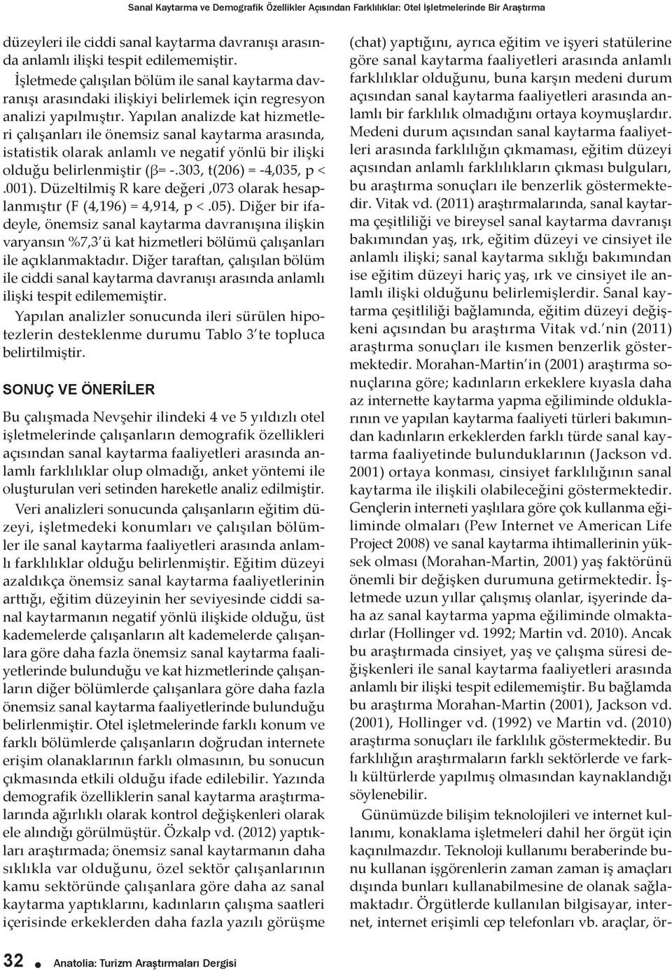 Yapılan analizde kat hizmetleri çalışanları ile önemsiz sanal kaytarma arasında, istatistik olarak anlamlı ve negatif yönlü bir ilişki olduğu belirlenmiştir (β= -.303, t(206) = -4,035, p <.001).