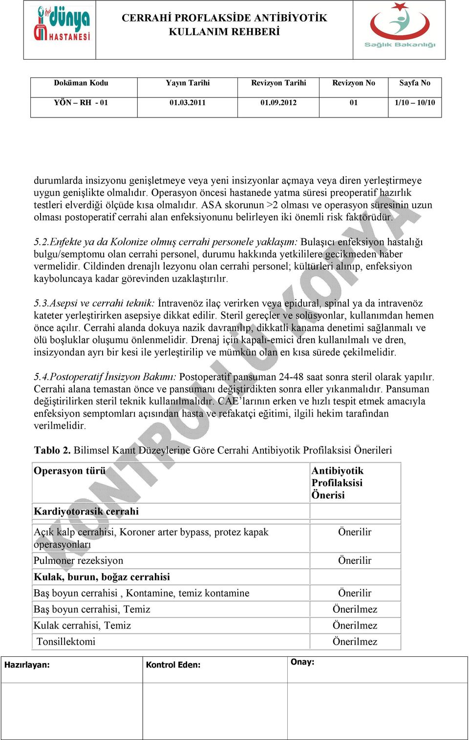 ASA skorunun >2 olması ve operasyon süresinin uzun olması postoperatif cerrahi alan enfeksiyonunu belirleyen iki önemli risk faktörüdür. 5.2.Enfekte ya da Kolonize olmuş cerrahi personele yaklaşım: Bulaşıcı enfeksiyon hastalığı bulgu/semptomu olan cerrahi personel, durumu hakkında yetkililere gecikmeden haber vermelidir.