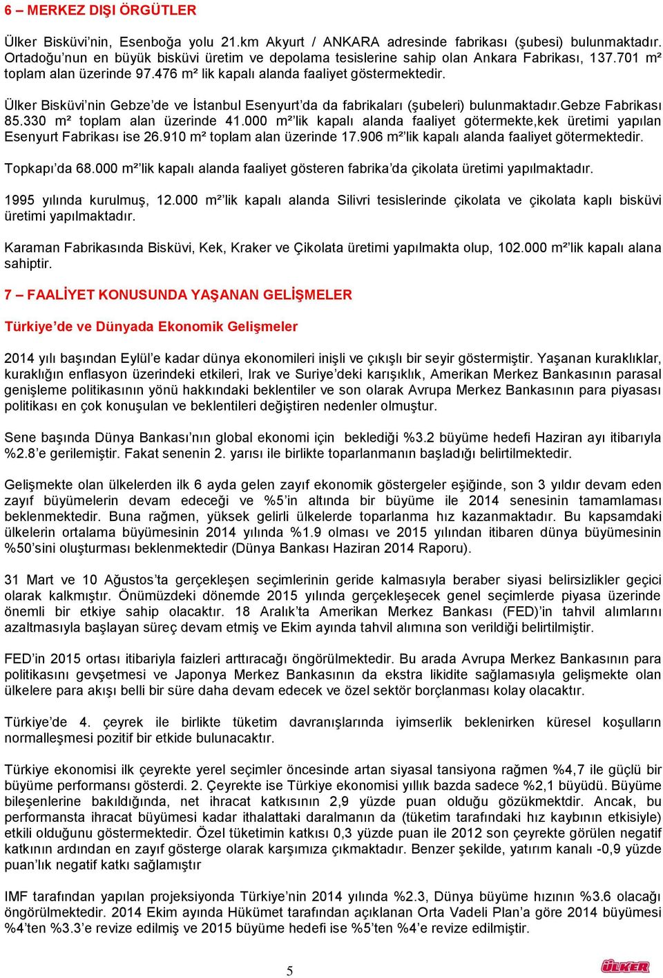 Ülker Bisküvi nin Gebze de ve İstanbul Esenyurt da da fabrikaları (şubeleri) bulunmaktadır.gebze Fabrikası 85.330 m² toplam alan üzerinde 41.