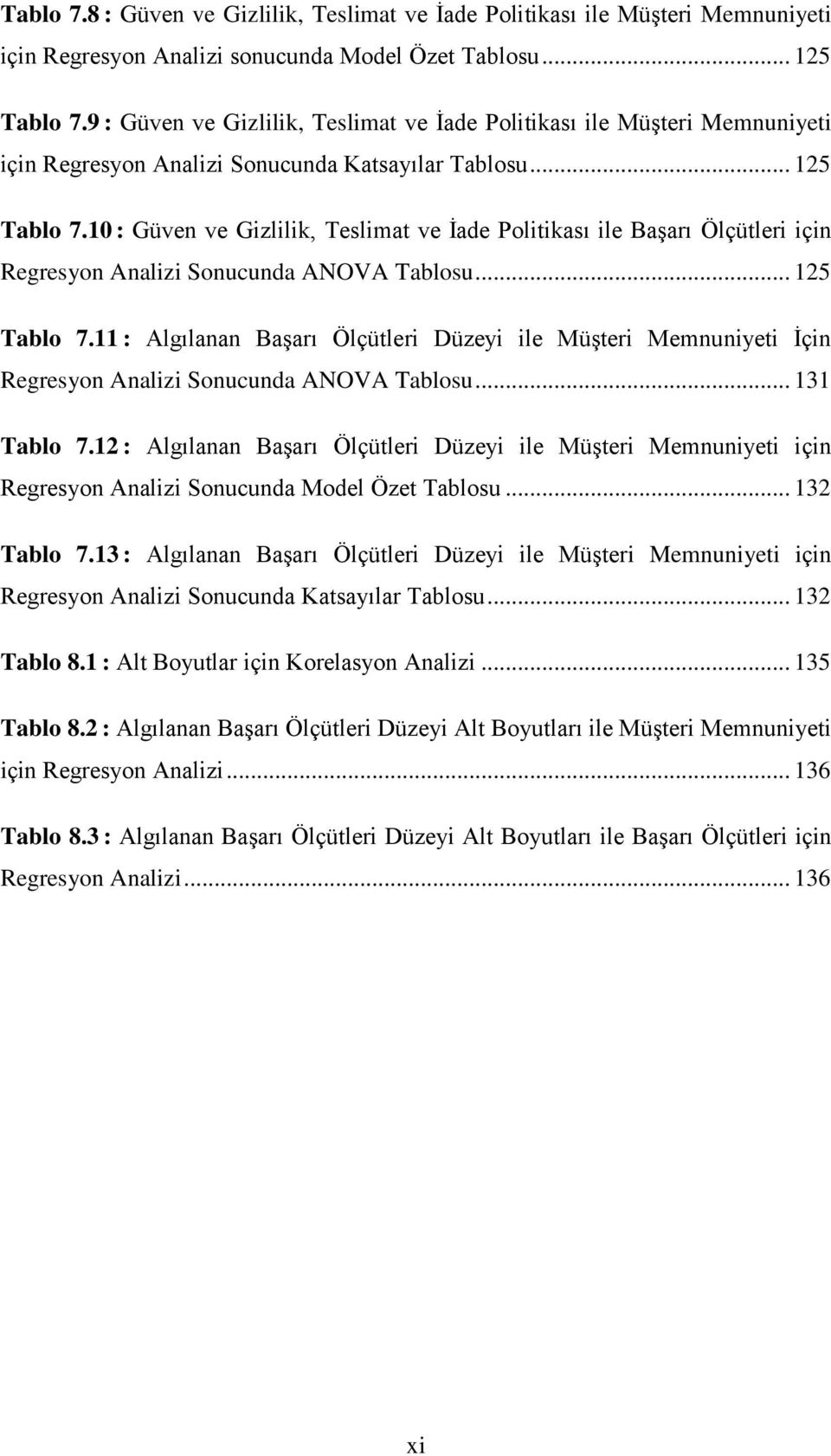 1038: Güven ve Gizlilik, Teslimat ve İade Politikası ile Başarı Ölçütleri için Regresyon Analizi Sonucunda ANOVA Tablosu... 125 Tablo 7.